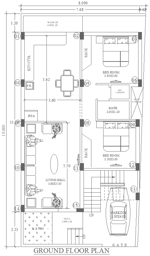 8.09mx15m 2BHK Ground Floor House Plan Design in DWG File
