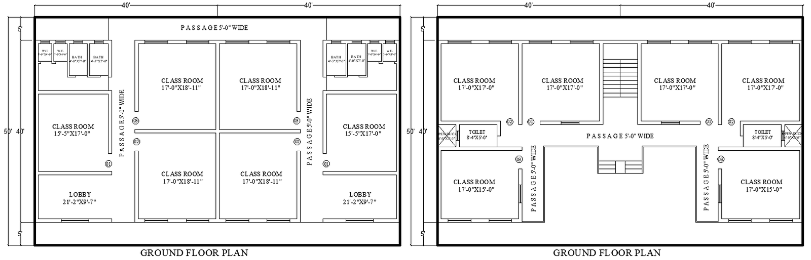 80ft x 50ft Two Different Ground Floor School Layout Design AutoCAD DWG Download 