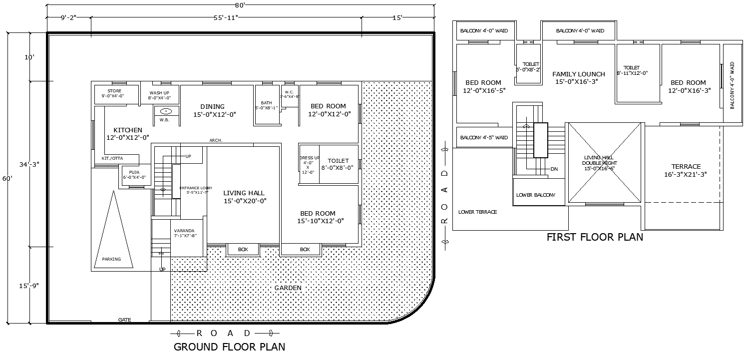 80ft×60ft Two Floor House Plan in AutoCAD DWG Format