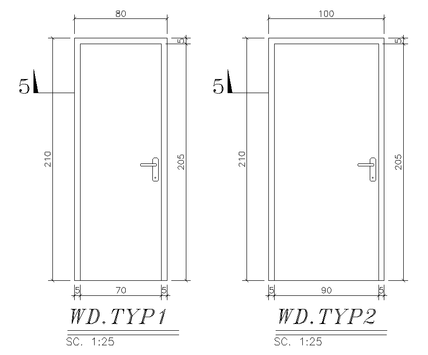 80x210cm door plan is given in this AutoCAD drawing model. Download now.