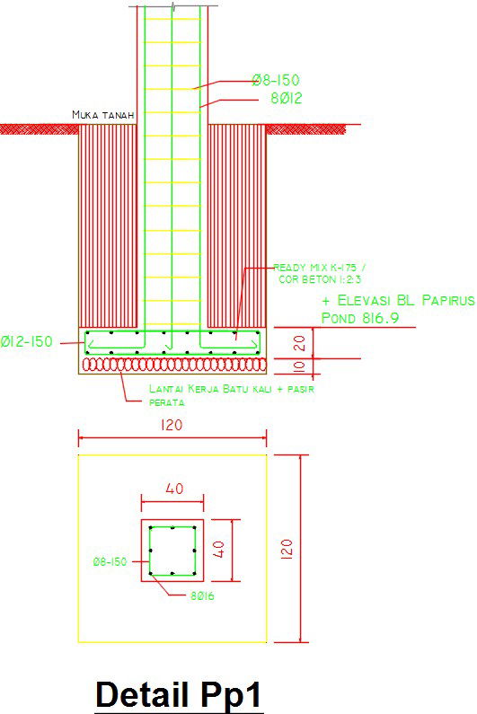80x80cm foundation and 25x30cm column section drawing