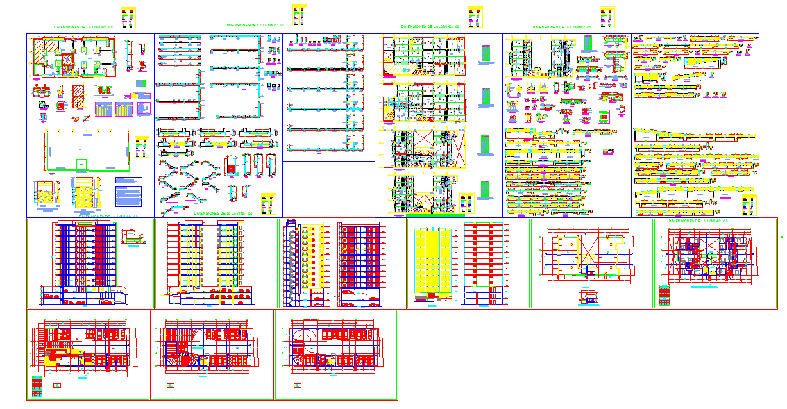 Modern high rise building plan with layouts sections and elevations