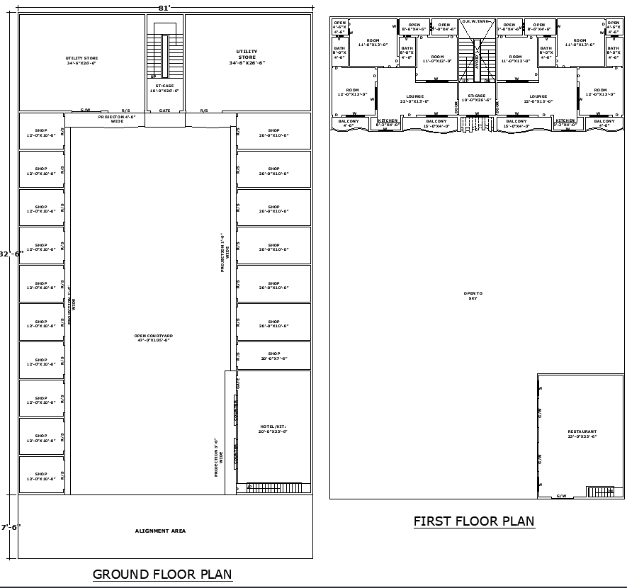81x87 Commercial Building DWG Plan with Shops and Housing