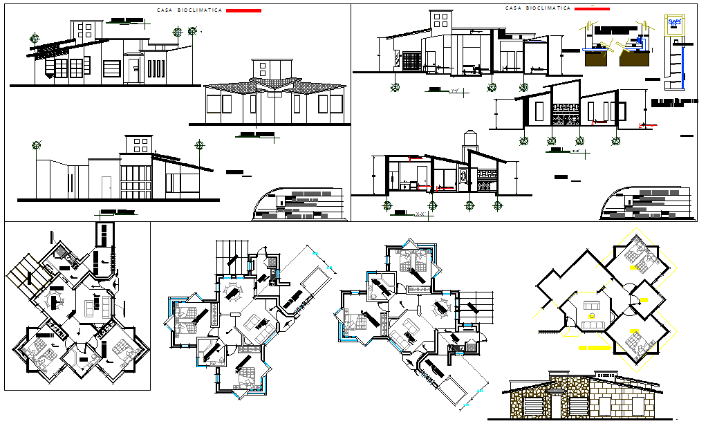Bioclimatic house design 2D cad drawing with plan and elevation