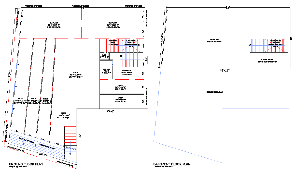 83×91 ft Commercial Building Plan with Shops in CAD File