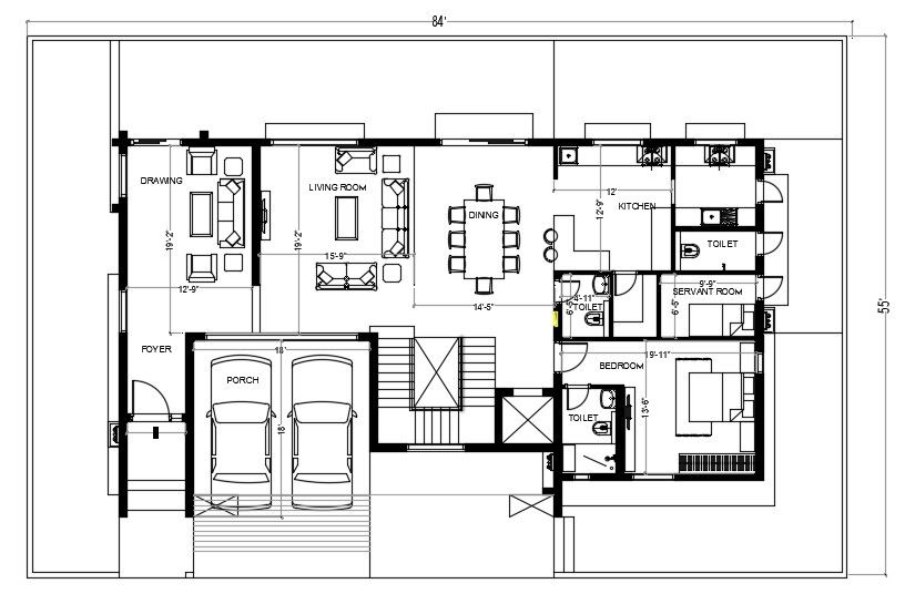 84'X55' House Plan With Furniture Layout CAD Drawing DWG File