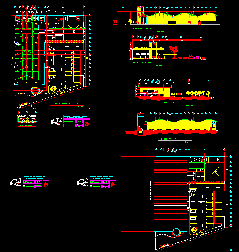 Modern Office Building CAD Drawing with Elevations and Sections
