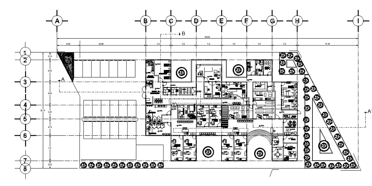 85x33m hospital plan is given in this Autocad drawing file. Download now.