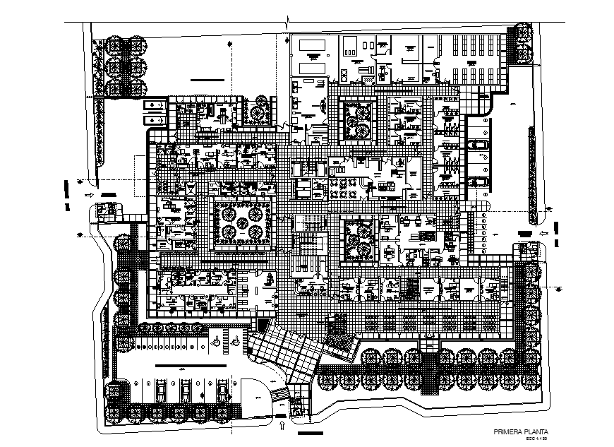 85x72m hospital plan has been given in this Autocad drawing file. Download now.