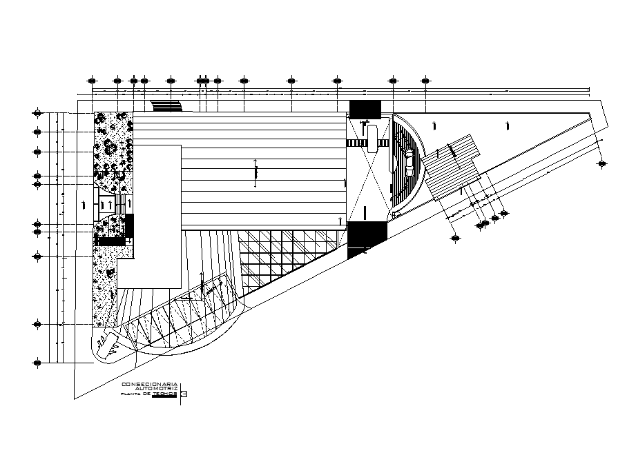 86x44m auto agency plan is given in this Autocad drawing file.Download now.