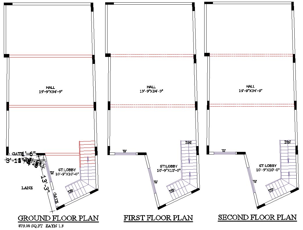 873 Sq Ft Commercial Building Plan with Hall and Lobby