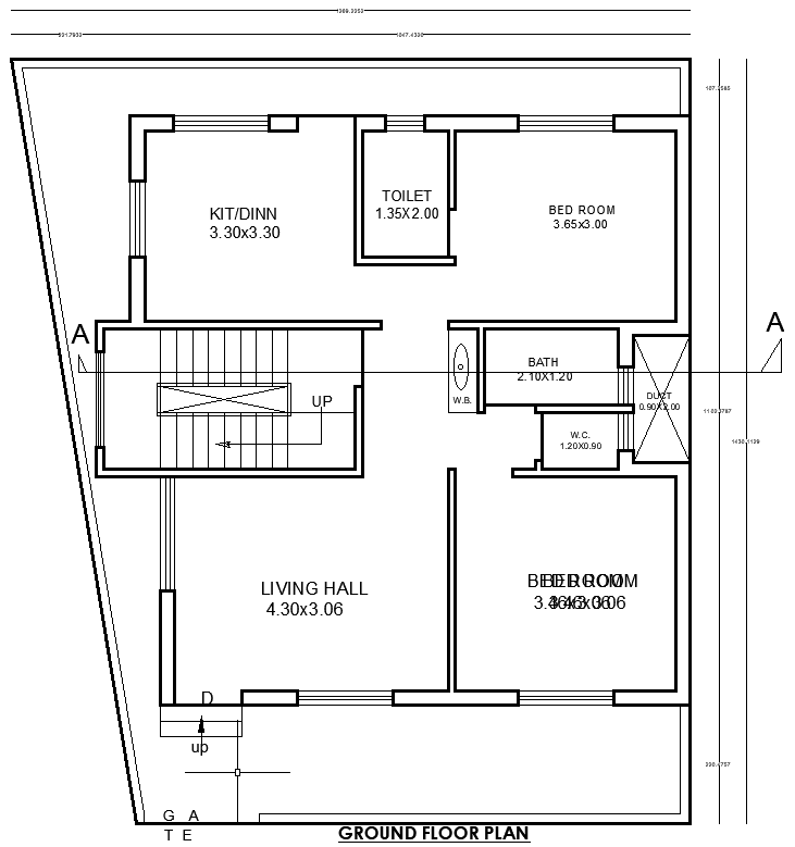 87.3x91.11Ft 2BHK Ground Floor House Layout in DWG File