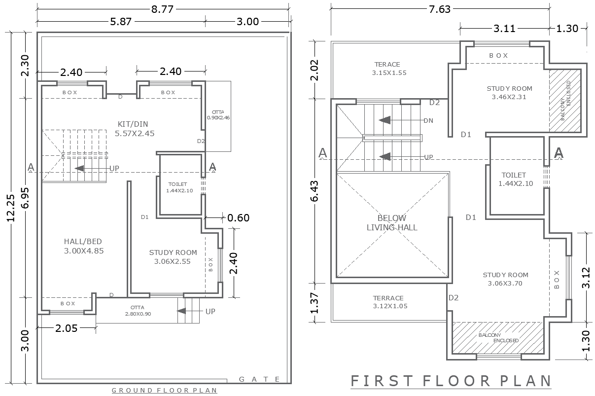 8.77x12.25 ft Two Level House DWG with Floor Plans