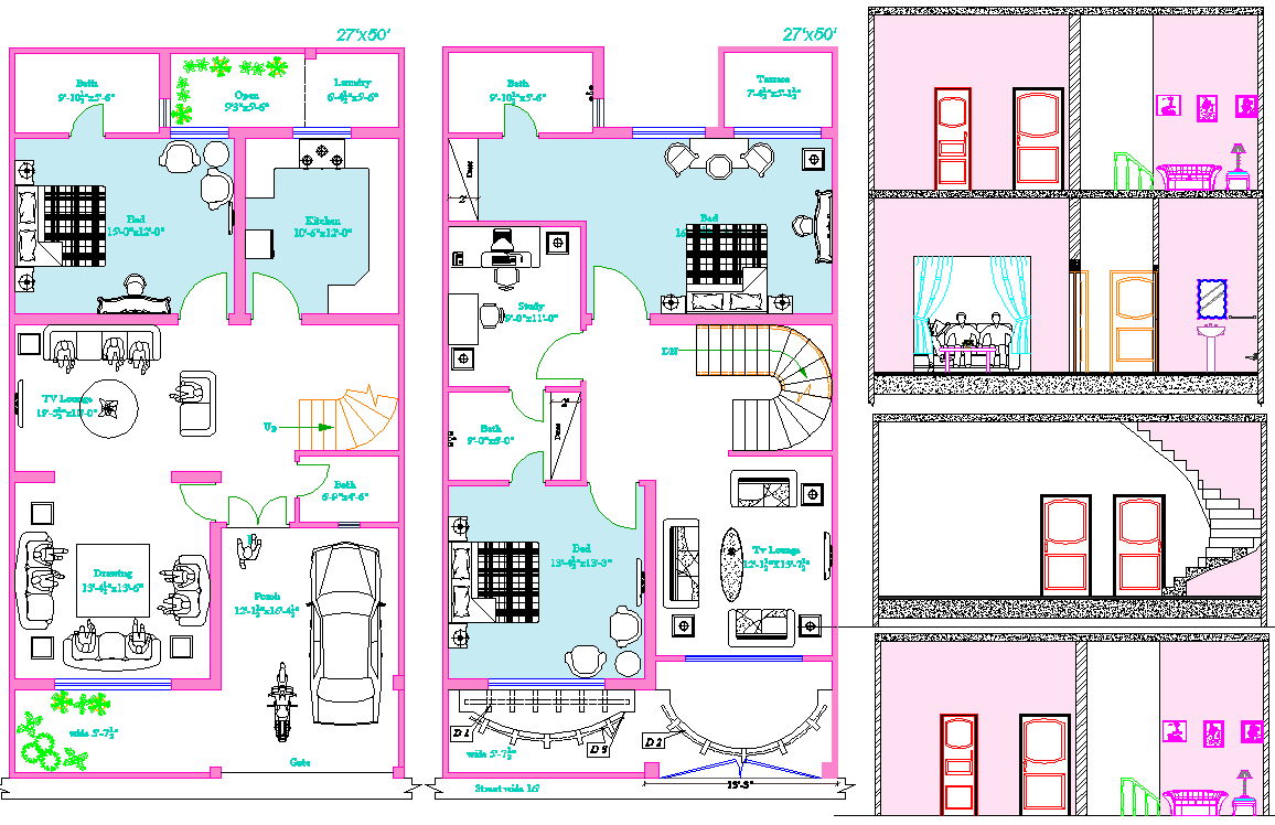 Family House AutoCAD DWG with Floor Plan Furniture and Section View