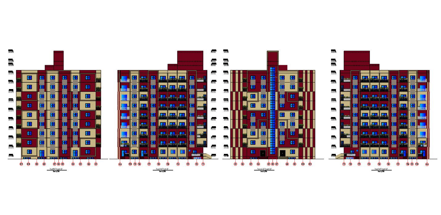 8 Storey Apartment Building Elevation Design autoCAD File
