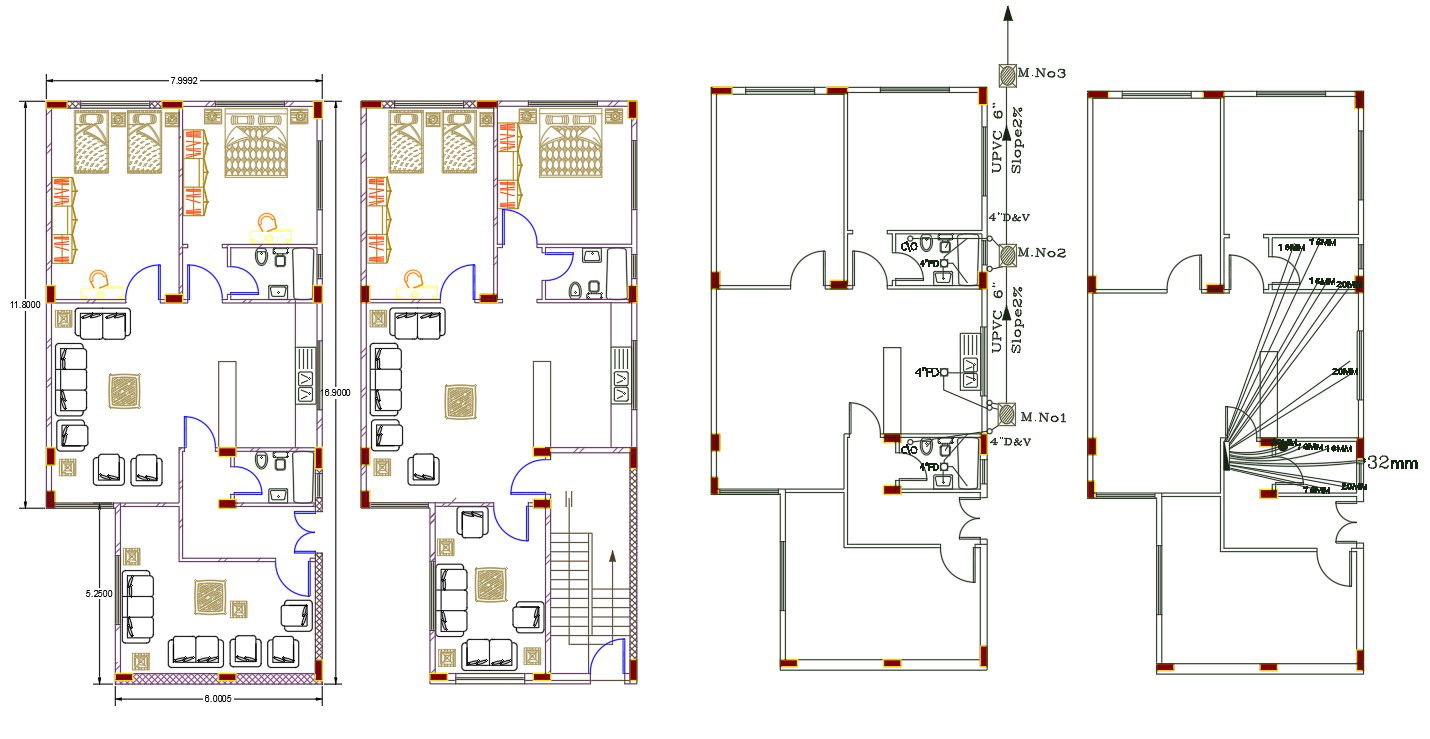 8 X 17 Meter 2 BHK House Furniture Layout Design CAD File