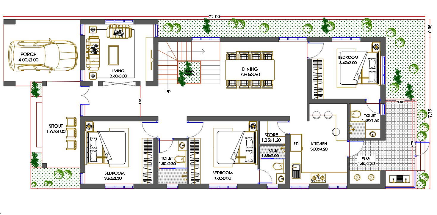 8 X 22 Meter House Plan With Furniture Drawing AutoCAD File