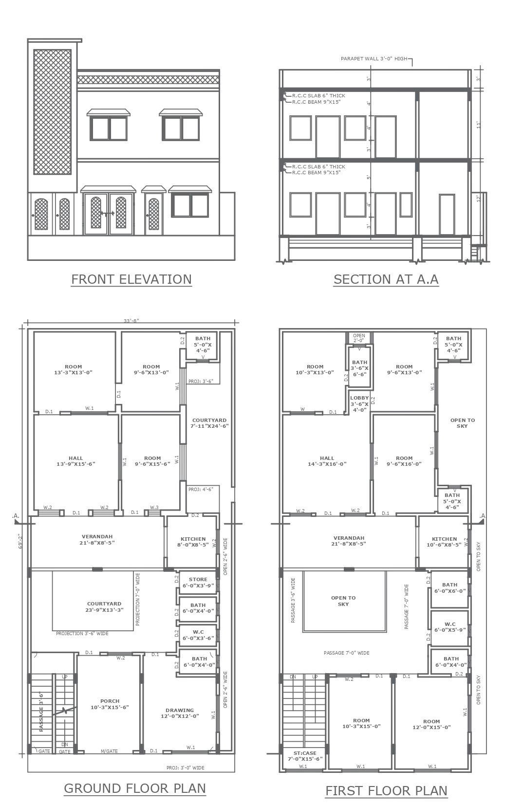 8 bhk two storey bungalow with 24ft X 13ft courtyard plan section and front elevation with all details DWG AutoCAD drawing
