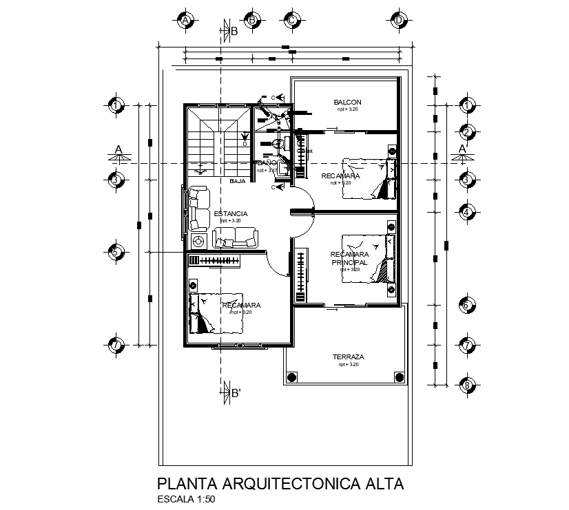 8x10m first floor house plan is given in this AutoCAD drawing model. Download the Autocad model.