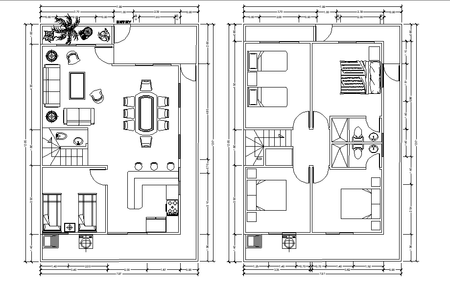 8x12 Meter 4 BHK House Layout CAD Drawing