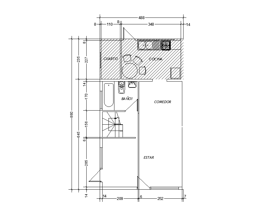8x14m ground floor house plan is given in this Autocad drawing file. Download now.