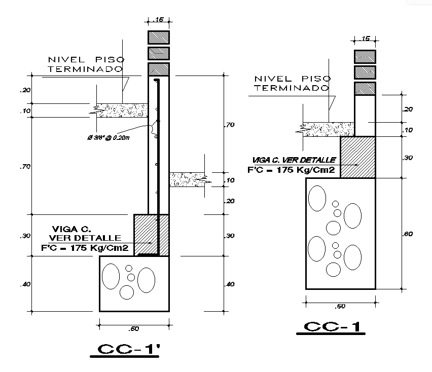 8x19m house plan of cross section view of column cum wall detail is given in this Autocad drawing file.Download now.