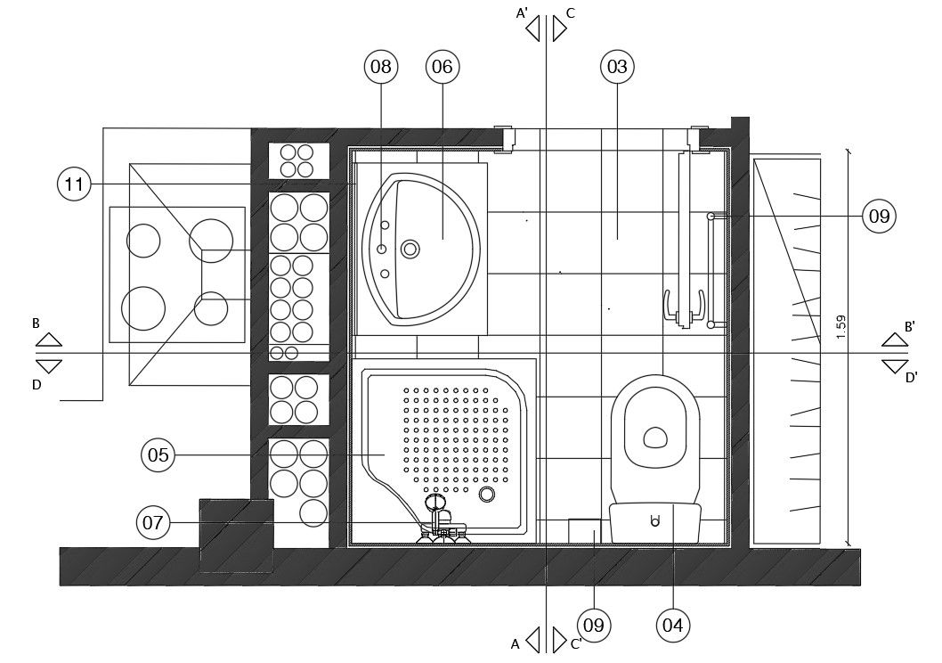 8’x5’ bathroom plan is given in this Autocad drawing file. Download now.