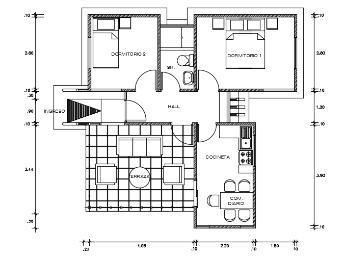 8x7m architecture 2bhk house plan 2d AutoCAD drawing is given in this file