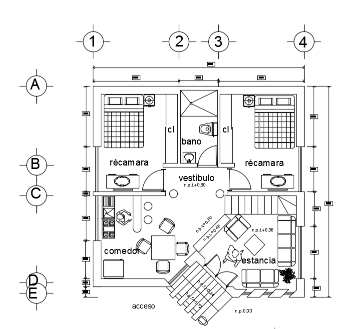 8x8m 2bhk house plan drawing is given in this file