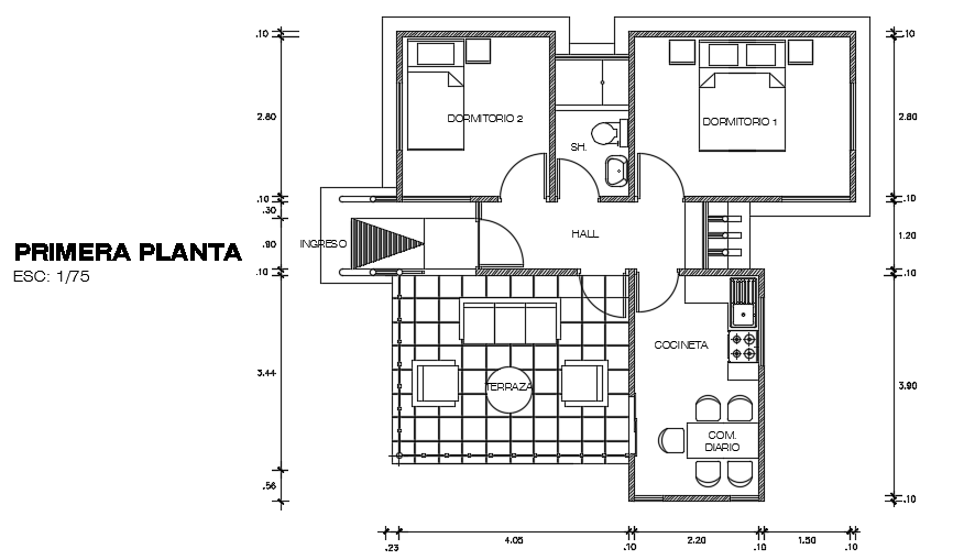 8x8m architecture 2bhk house plan floor plan cad drawing