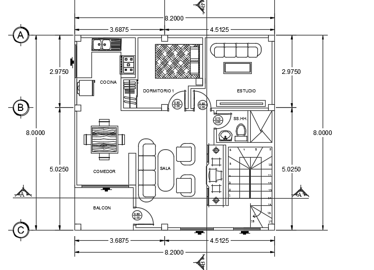 8x8m architecture first floor plan AutoCAD model is given in this file