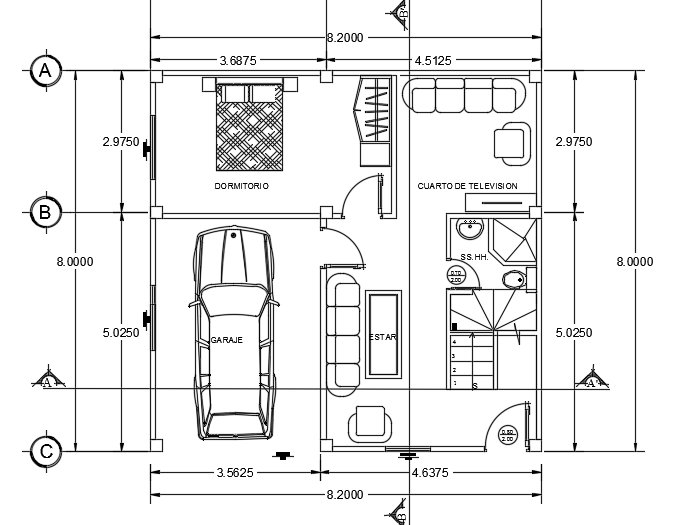 8x8m simple two story residential plan AutoCAD drawing is given