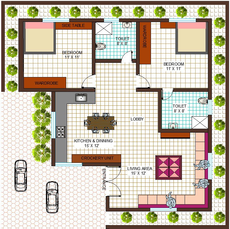 900 Square Feet 2 BHK Contemporary Style Single Floor House Plan.