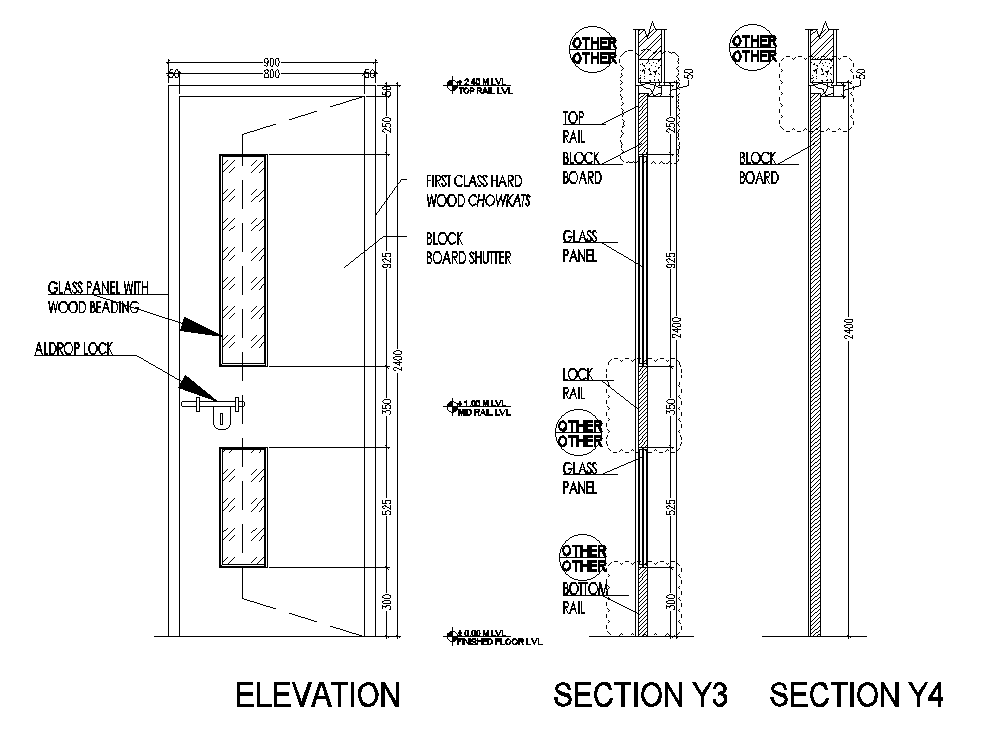 900x2400mm door section and elevation CAD drawing is given in this file