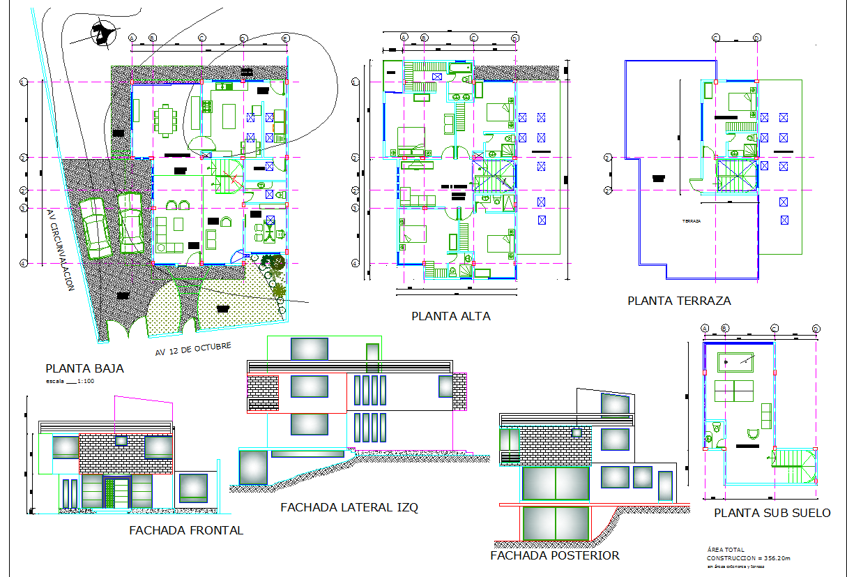 Modern Home Furniture Layout DWG 12x18m with Elevation Terrace Plan