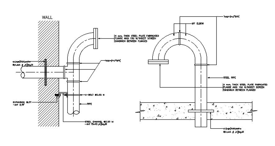 90° Elbow Line With Steel Pipe Line Section Drawing DWG File