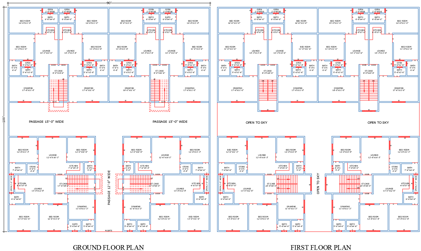 90' X 100' Rowhouse Architecture Floor Plan in AutoCAD DWG File