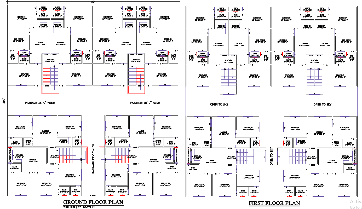 90x100 Two-Storey Apartment Layout in AutoCAD DWG Format