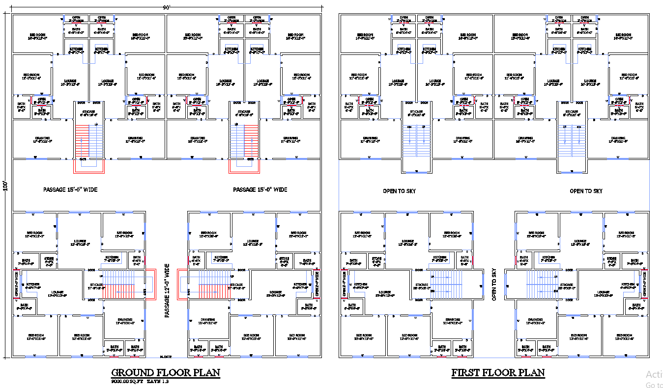 Two-Storey Apartment DWG File with 90×100 Layout Plan