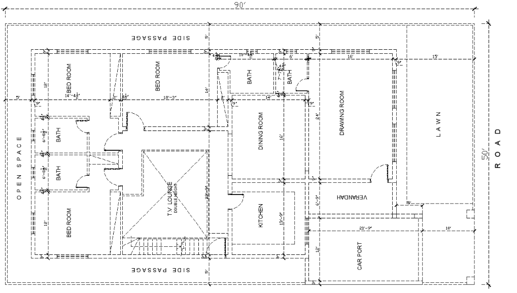 90'X50' 3bedroom Luxury Ground floor House plan AutoCAD DWG file.