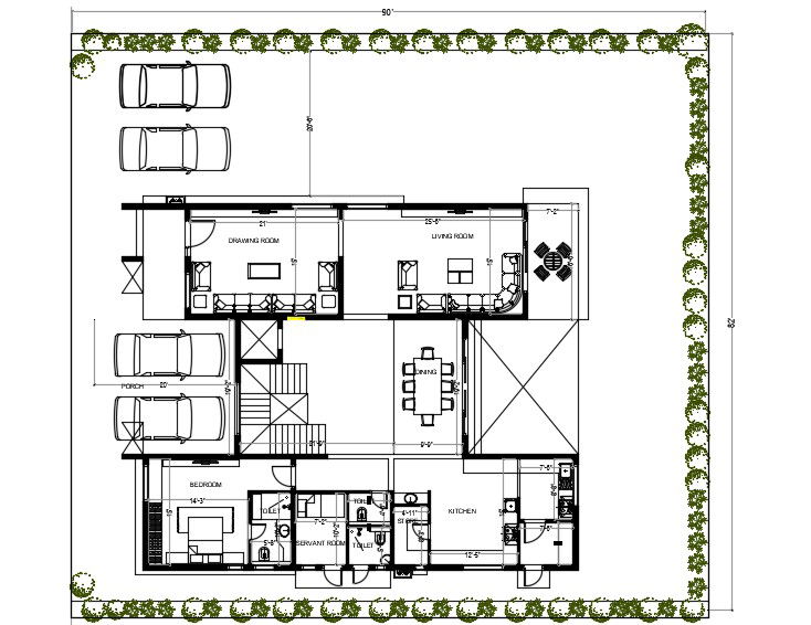 90'X82' House Layout Plan CAD Drawing DWG File
