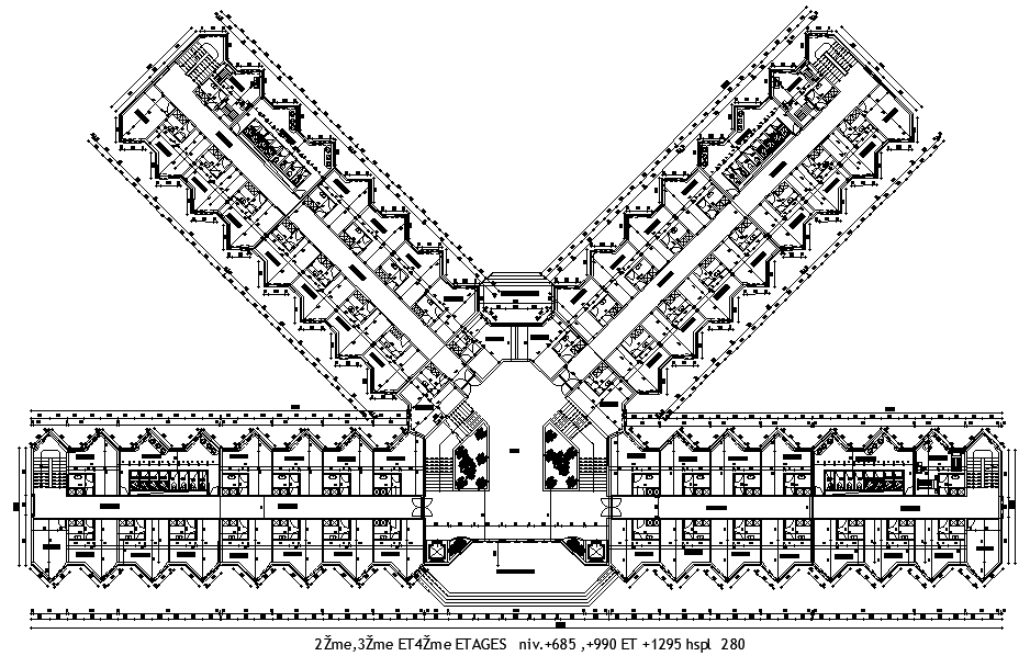 90x10m office plan is given in this Autocad drawing file. Download now.