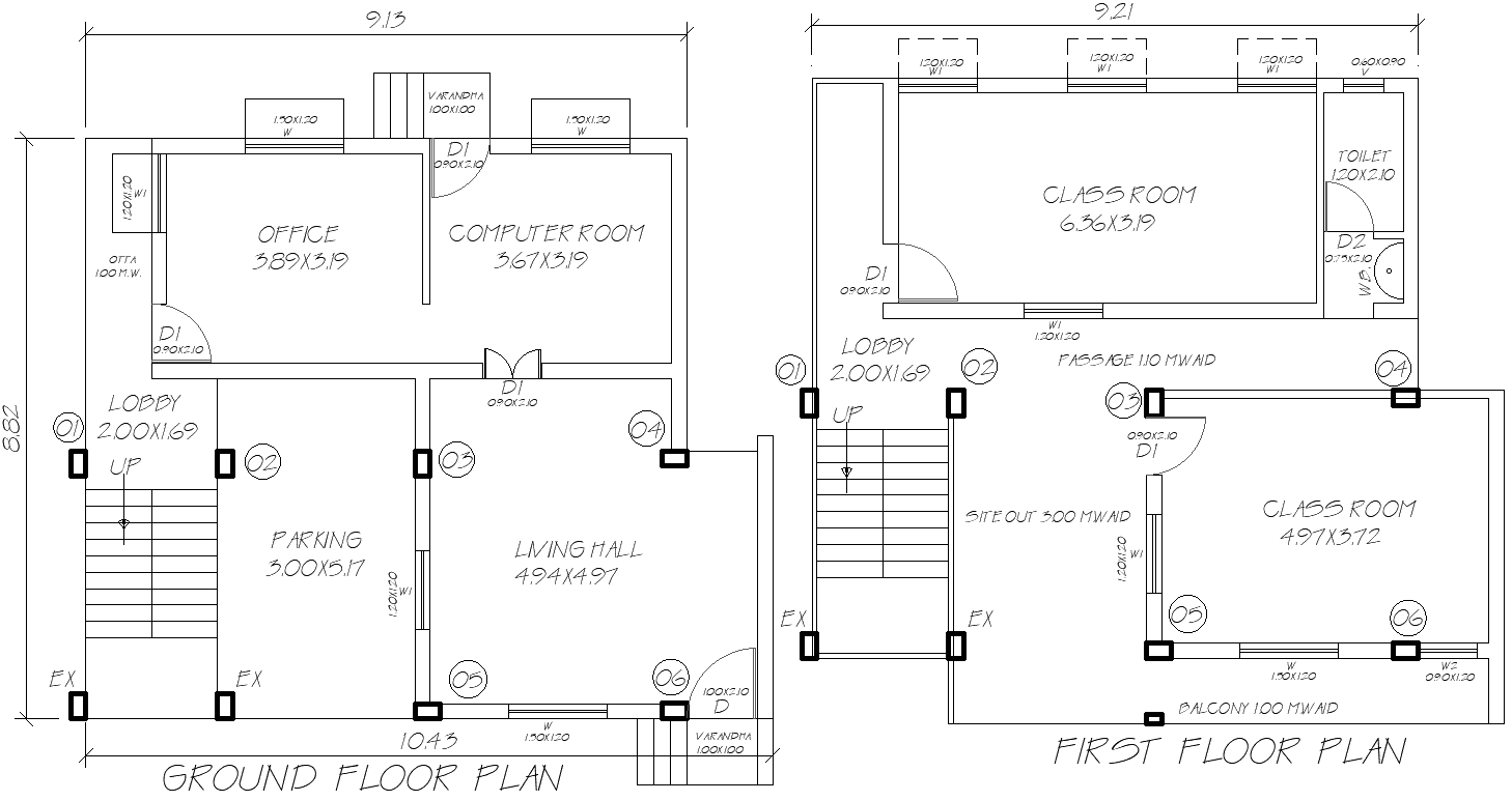 9.13mx8.82m Office and Classroom Floor Plan in DWG File