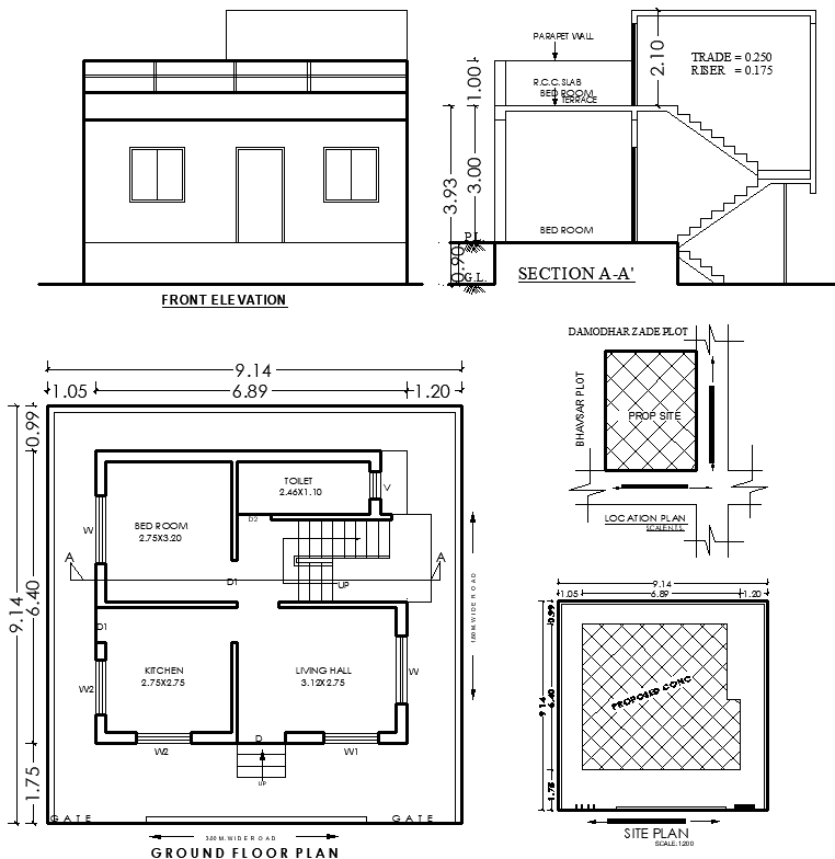1 BHK 9.14×9.14m Residential House Layout Plan in CAD DWG File