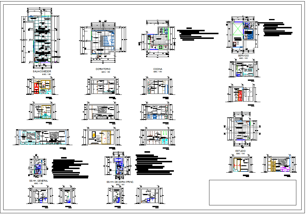 Interior house design with detailed room sections and measurements