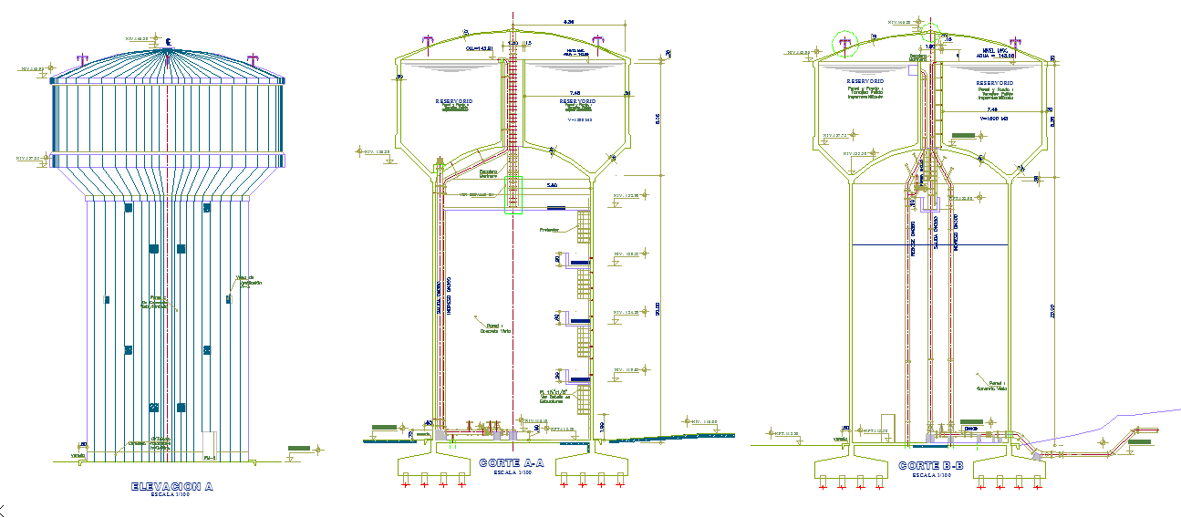Water tank detail plan with structural sections and full elevation