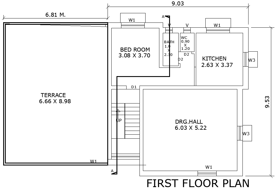 9.3mx9.53m First Floor 1BHK House Plan with Terrace DWG File