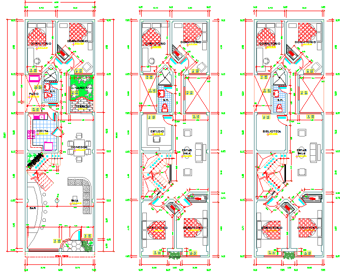 Three Floor House Plan with Complete Dimensional Layout plan