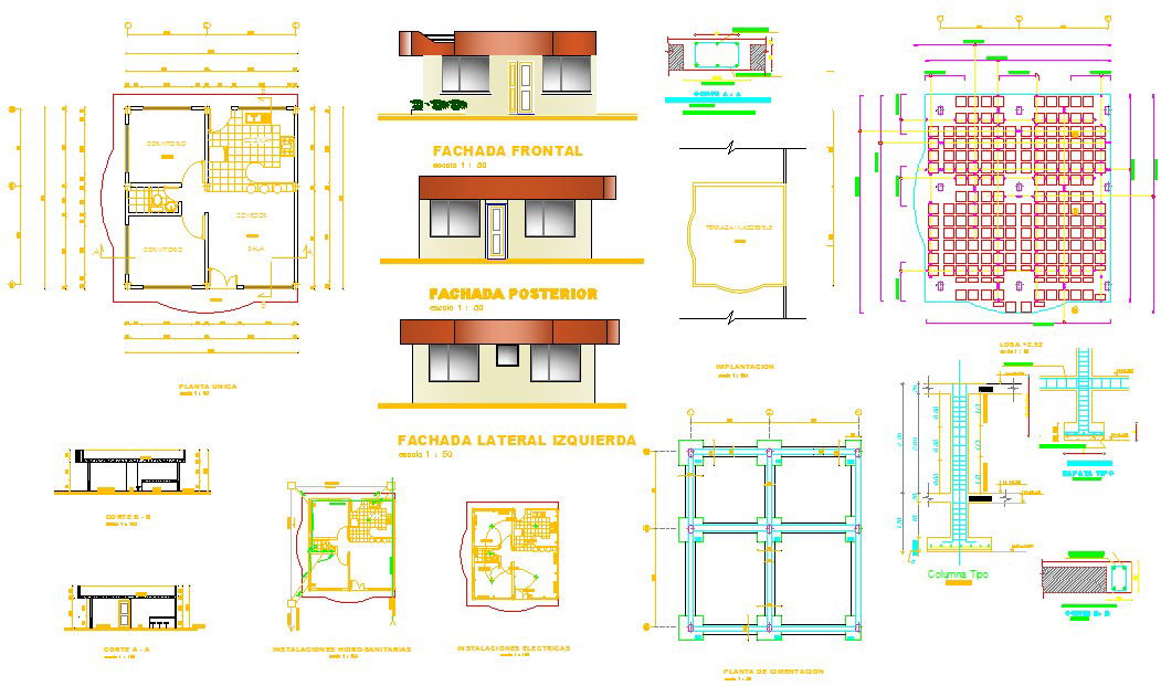 Single Story House 2D CAD Drawing with Plans Sections Download