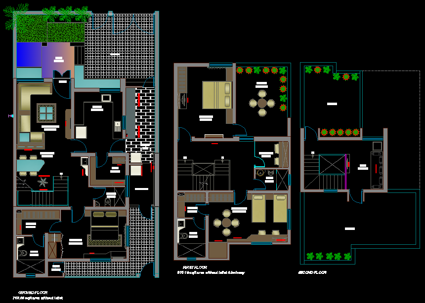 House AutoCAD Drawing with Detailed Floor Plans and Furniture Layout